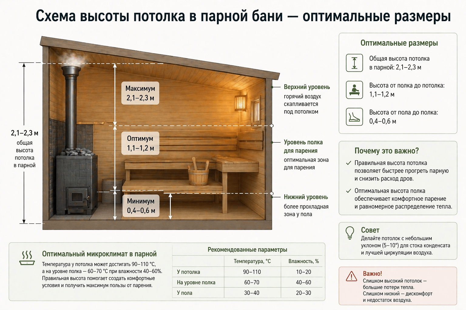 Высота потолка в бане: оптимальные параметры и почему они важны